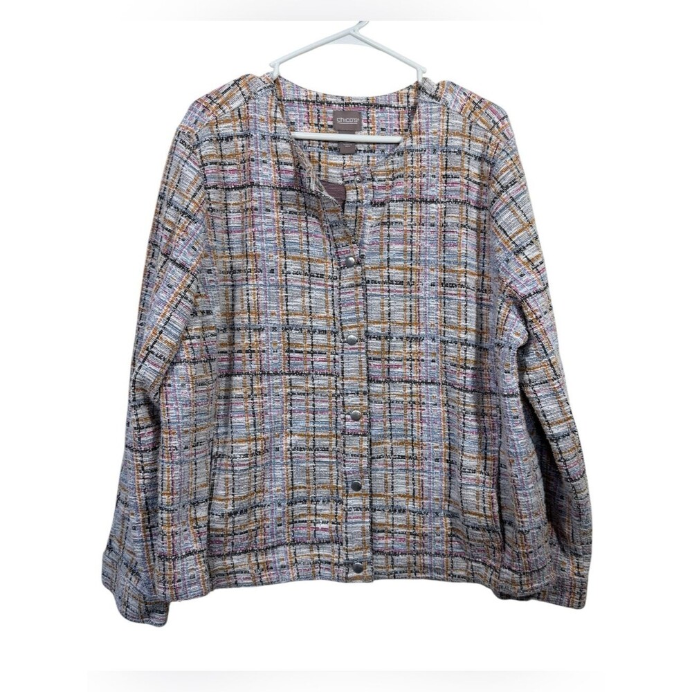 Chico's Snap Front Multicolor Plaid Tweed Button Up Jacket